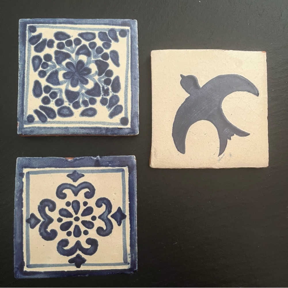Mexican Hand Painted Terra-Cotta Talavera Vintage Tiles Set of 3